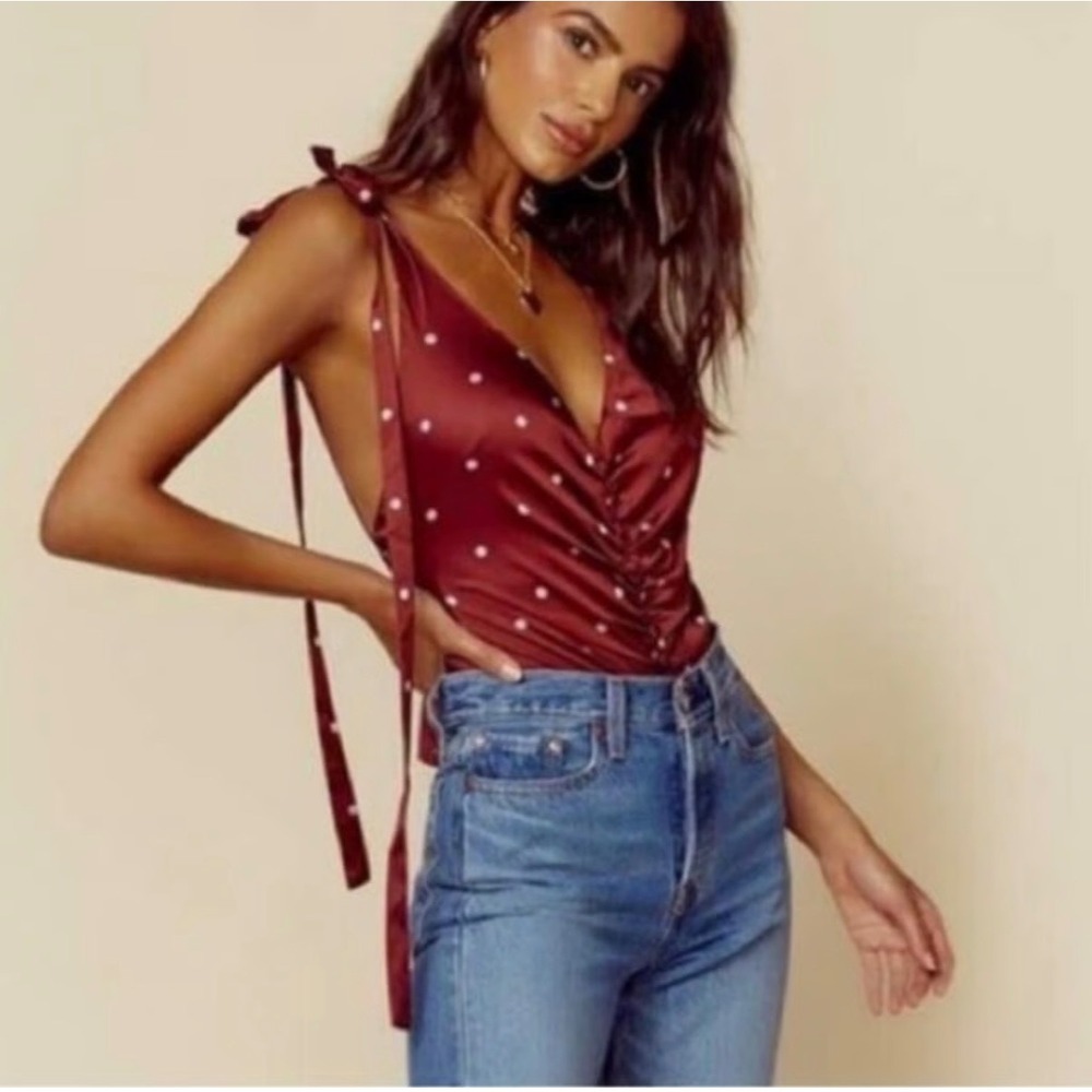 For Love‎ & Lemons Burgundy Polka Dot Ruched Satin Bodysuit Large